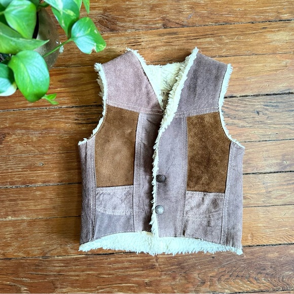 Vintage Other - Vintage 70s Leather Patchwork Kids Fleece Lined Vest in Brown and Tan
